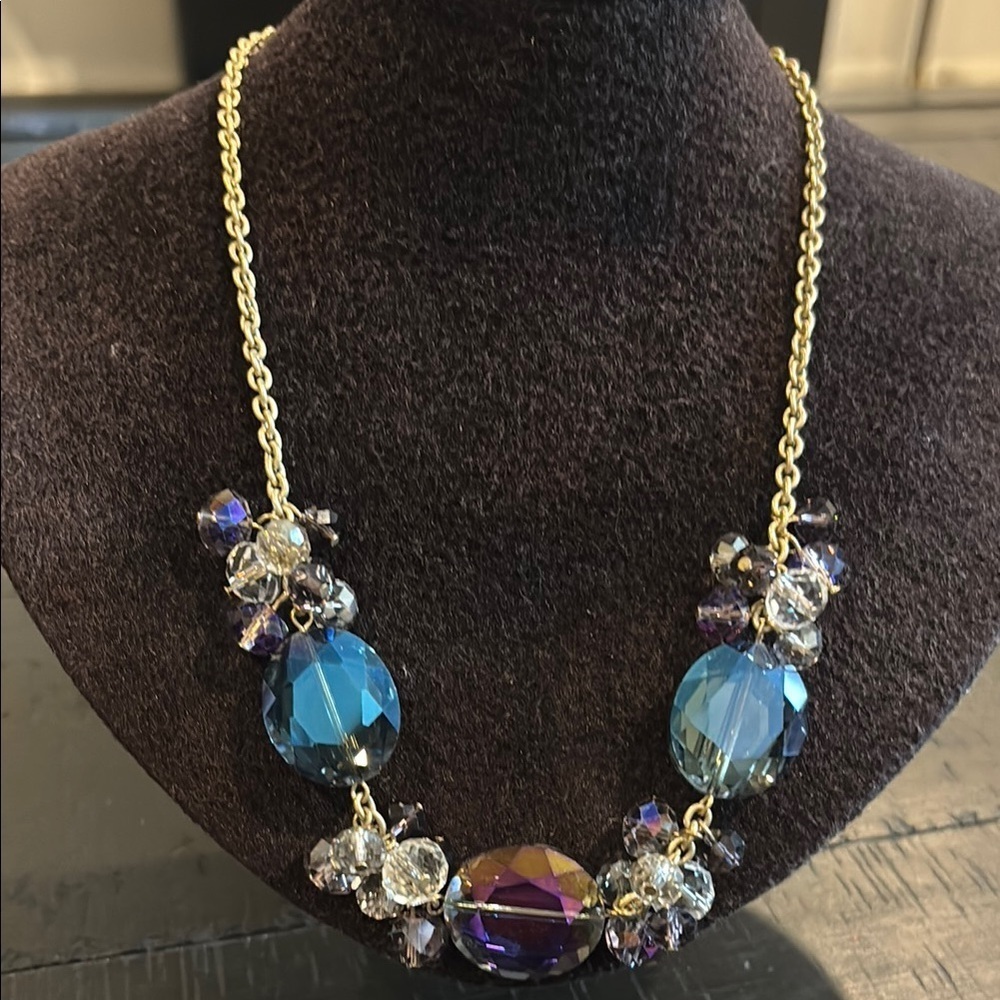 Cluster Sparkle AB Aurora Borealis Gold Blue Beaded Necklace